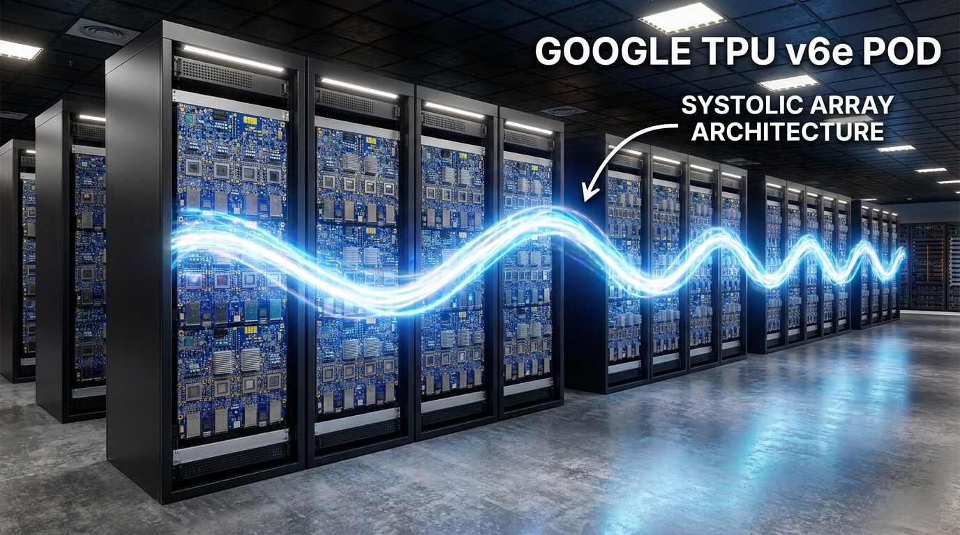 A 3D visualization of a Google TPU v6e Pod in a data center, highlighting the 'Systolic Array' architecture as a wave of light passing through a grid of processors, cinematic lighting.