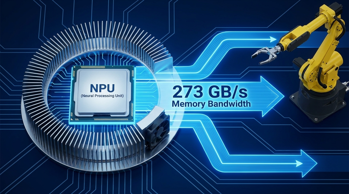A technical schematic diagram of an industrial edge AI chip showing three distinct layers: the NPU (Neural Processing Unit) at the center, surrounded by a thermal management heat sink, with wide data pathways labeled '273 GB/s Memory Bandwidth'. On the right, a factory robot arm is shown waiting for data. High contrast, blue and silver color palette, 4k resolution.
