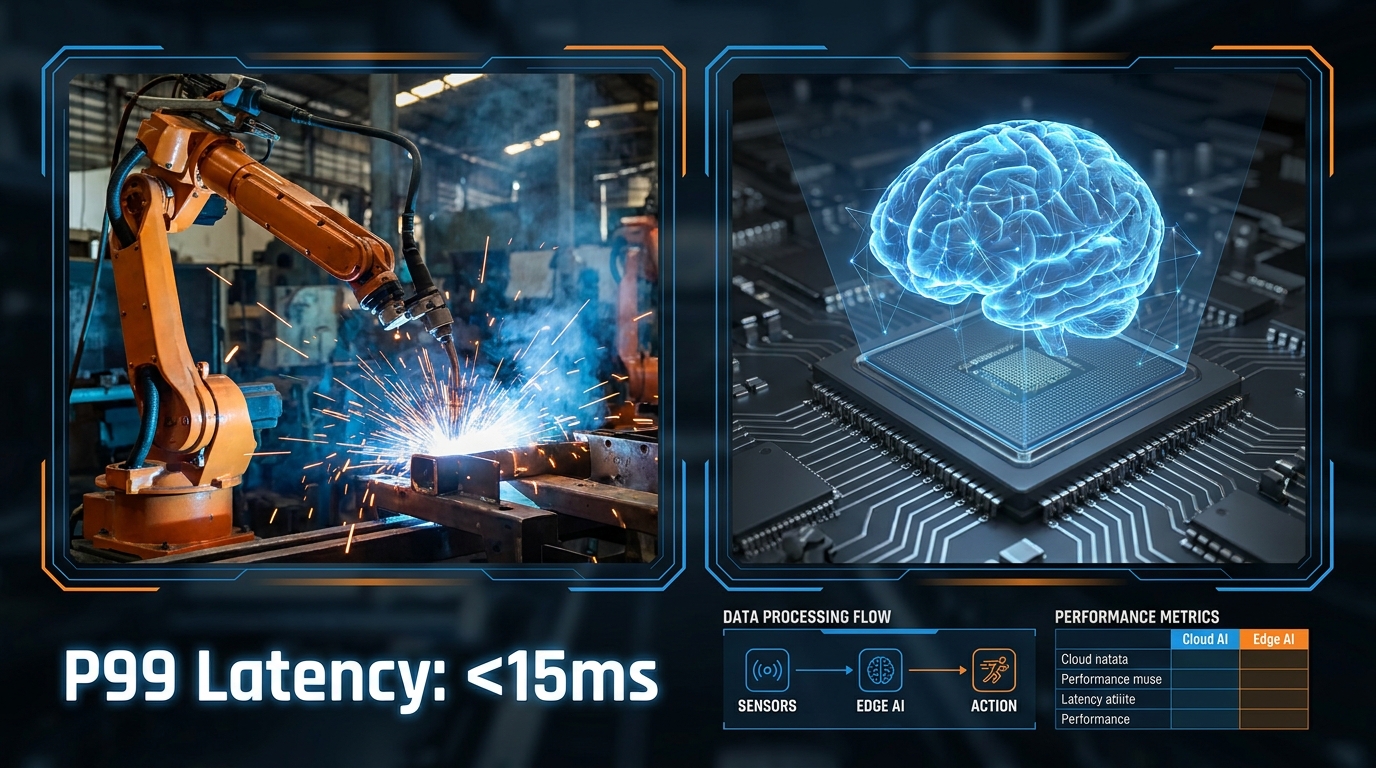 A split-screen visualization of industrial edge AI: on the left, a high-speed robotic welding arm in a factory; on the right, a translucent 3D holographic human brain overlaid on a microprocessor. Floating text 'P99 Latency: <15ms' is clearly visible in the foreground. Photorealistic, cinematic lighting, industrial setting.