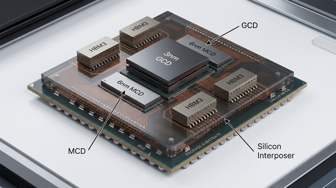 Detailed technical diagram of a 2.5D and 3D chiplet package layout. Center: Compute dies on 3nm. Sides: I/O and Memory Chiplet Dies (MCD) on 6nm. Bottom: Silicon Interposer layer with visible micro-wiring and 'HBM3' modules. Text labels: 'GCD', 'MCD', 'Silicon Interposer'. Professional engineering style, isometric view.
