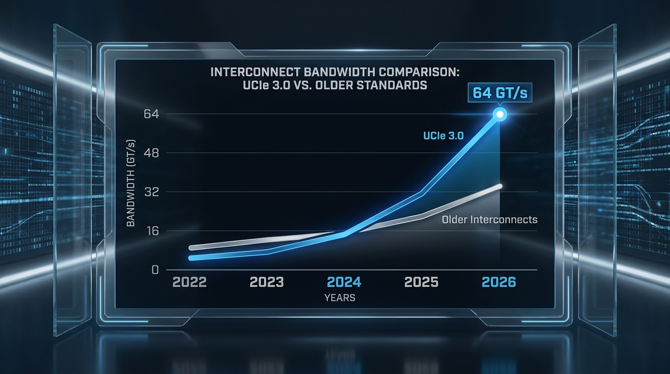 High-resolution data visualization chart comparing 'UCIe 3.0' bandwidth vs older interconnects. X-axis shows years 2022-2026. Y-axis shows GT/s. Prominent data point at 2026 showing '64 GT/s' for UCIe 3.0. Clean, futuristic corporate UI style with blue and silver accents.