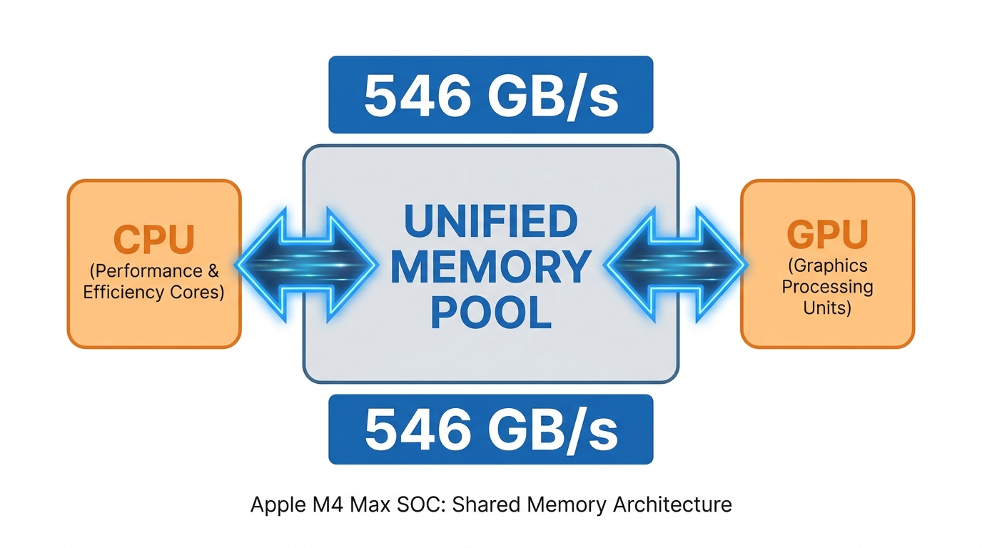 Diagram showing Unified Memory Architecture in the Apple M4 Max SOC, illustrating the shared memory pool between CPU and GPU with labeled data transfer rates of '546 GB/s', architectural layout with clean lines, minimalist tech aesthetic, white background.
