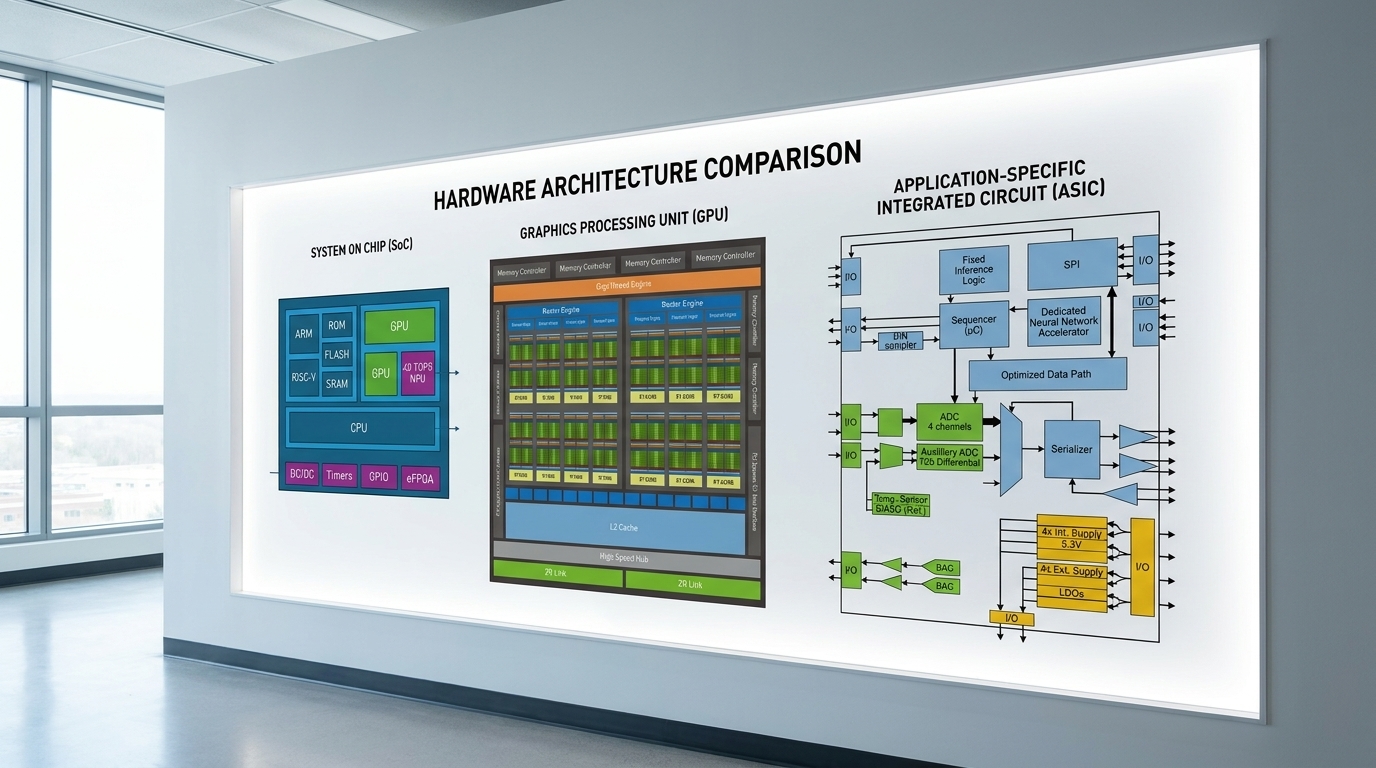 A high-fidelity architectural diagram showing the internal layout of an SoC, a GPU, and an ASIC side-by-side. The SoC includes a CPU, GPU, and a dedicated NPU module labeled '40 TOPS NPU' on the same die. The GPU features a dense grid of thousands of small processing cores. The ASIC shows hardwired logic paths labeled 'Fixed Inference Logic'. The layout is clean and professional.