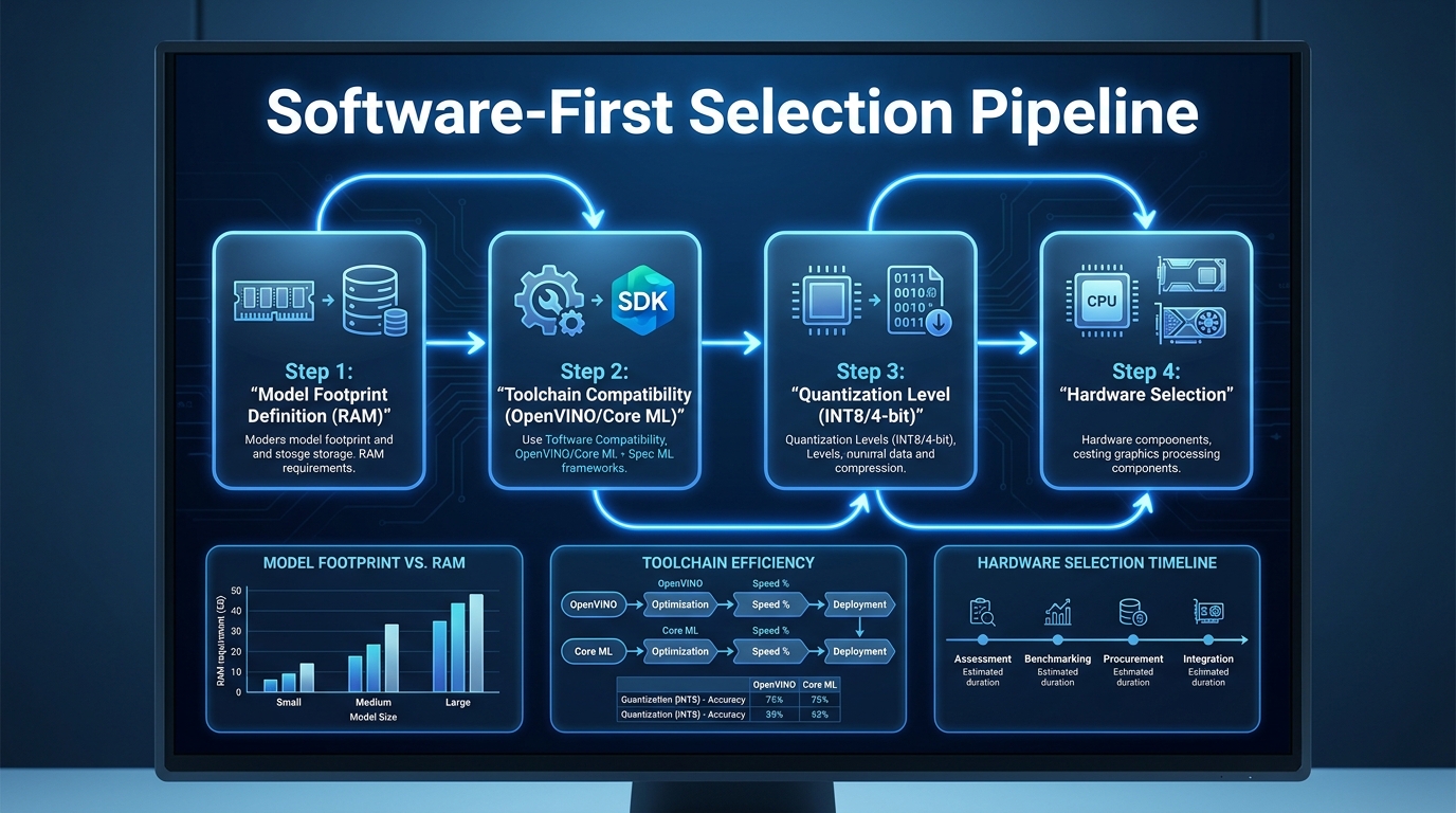 A professional process flowchart titled 'Software-First Selection Pipeline'. Step 1: 'Model Footprint Definition (RAM)'. Step 2: 'Toolchain Compatibility (OpenVINO/Core ML)'. Step 3: 'Quantization Level (INT8/4-bit)'. Step 4: 'Hardware Selection'. The flowchart uses a sleek, modern tech aesthetic with glowing blue lines connecting the steps.