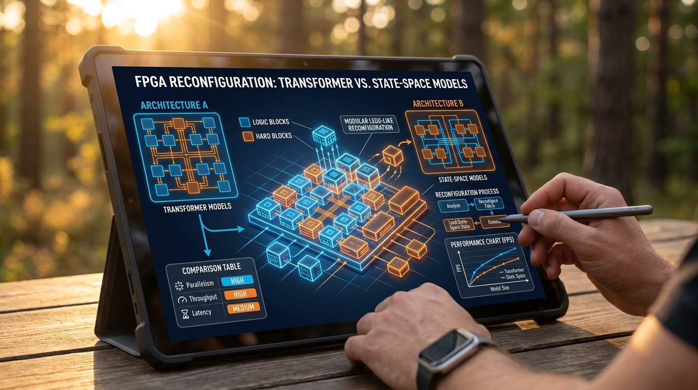 Technical diagram showing a Field-Programmable Gate Array (FPGA) internal fabric being reconfigured like modular Lego blocks. On the left, 'Architecture A' for Transformer models; on the right, 'Architecture B' for State-Space models. High-tech blue and orange aesthetic, clear labels for 'Logic Blocks' and 'Hard Blocks'.