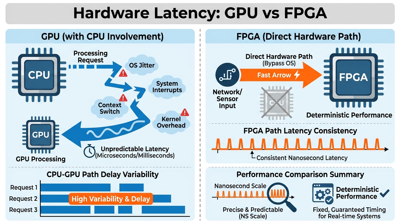 Comparison chart titled 'Hardware Latency: GPU vs FPGA'. Left side shows a CPU with 'OS Jitter' interrupts causing a jagged path to processing. Right side shows a 'Direct Hardware Path' for the FPGA, bypassing the OS with a straight, fast arrow. Labels include 'Nanosecond Scale' and 'Deterministic Performance'.