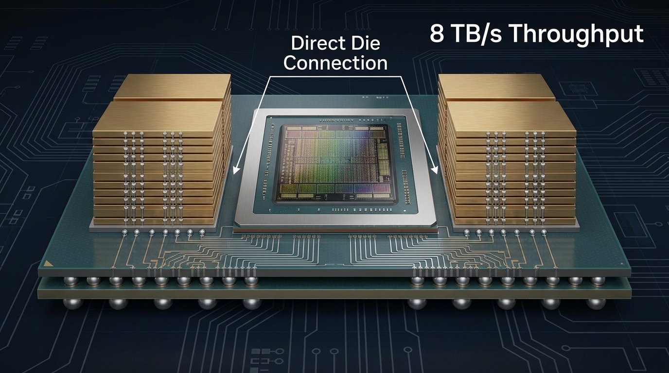 A technical comparison diagram showing a PCIe Gen5 bus at 128 GB/s on the left vs a large model inference requirement of 4 TB/s on the right. In the center, a red bottleneck icon represents the 30x throughput gap. Text labels include '128 GB/s' and '4,000 GB/s' with clear arrows.