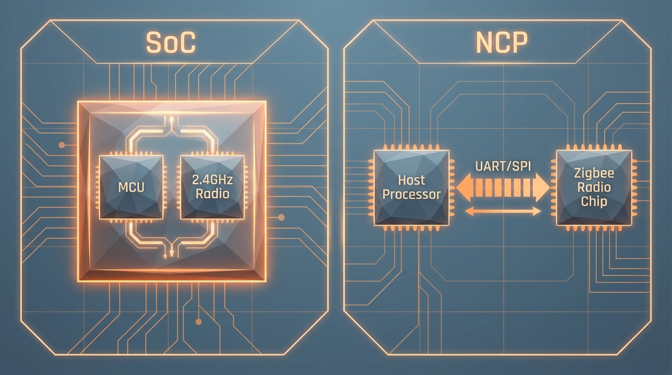 Technical diagram comparing 'SoC' vs 'NCP' hardware models. Left side labeled 'SoC' shows one silicon die containing 'MCU' and '2.4GHz Radio'. Right side labeled 'NCP' shows 'Host Processor' connected via 'UART/SPI' bus to a 'Zigbee Radio Chip'. High-contrast industrial schematic style.