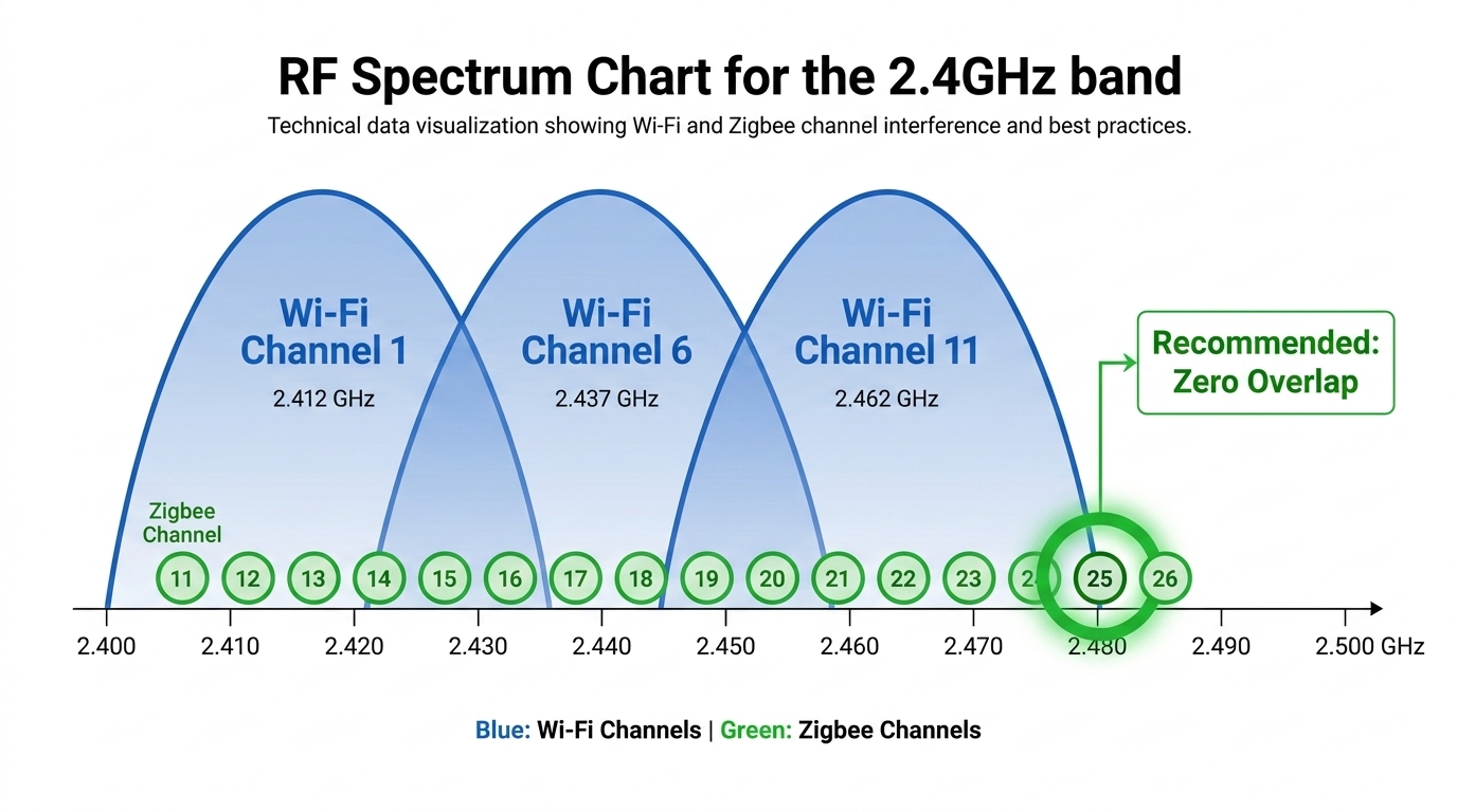 RF Spectrum Chart for the 2.4GHz band. Shows three large overlapping arches labeled 'Wi-Fi Channel 1', '6', and '11'. Superimposed are small numbered circles representing Zigbee channels 11-26. A green highlight circle surrounds 'Zigbee Channel 25' with the label 'Recommended: Zero Overlap'. Technical data visualization.