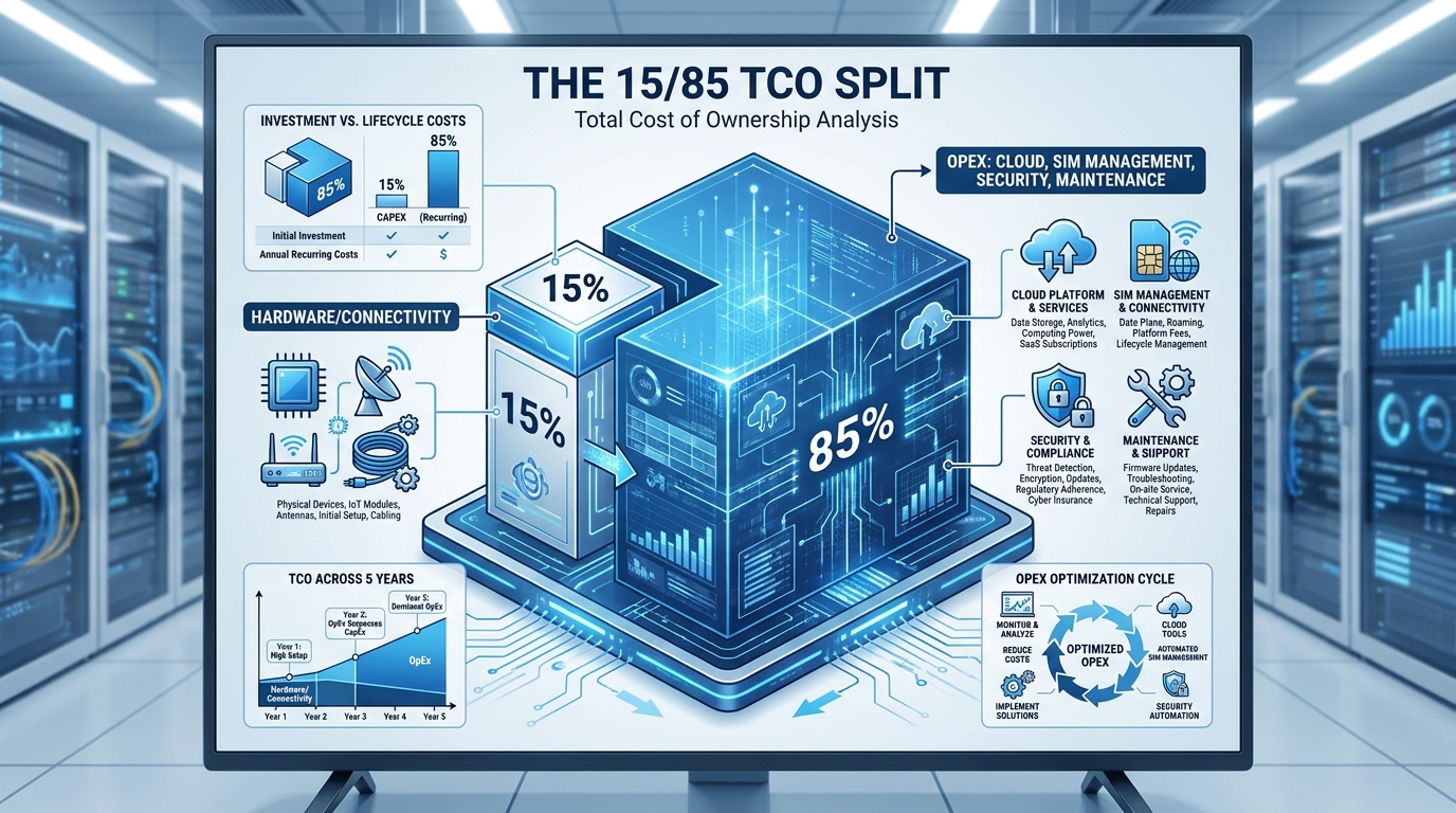 A detailed isometric infographic titled 'The 15/85 TCO Split'. The left side shows a small 15% slice labeled 'Hardware/Connectivity'. The right side shows a massive 85% block labeled 'OpEx: Cloud, SIM Management, Security, Maintenance'. Clean tech aesthetic, blue and white color palette.
