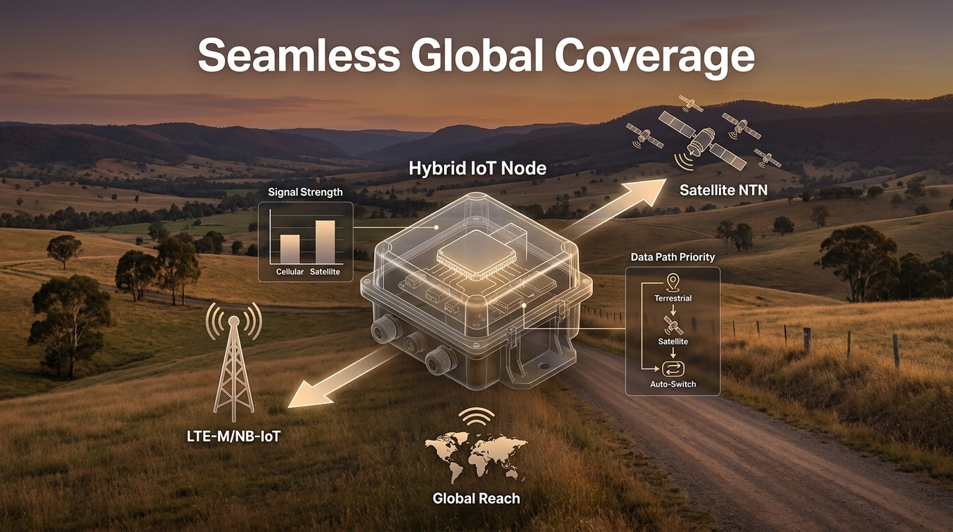 A technical diagram of a 'Hybrid IoT Node' in the center. Arrows pointing to a terrestrial cell tower labeled 'LTE-M/NB-IoT' and arrows pointing upwards to a LEO satellite constellation labeled 'Satellite NTN'. The background shows a remote rural landscape. Text rendering 'Seamless Global Coverage' at the top.