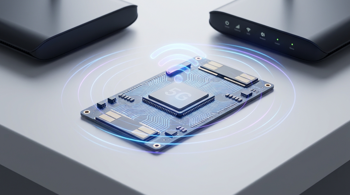 A professional header image representing 5G Modem Chips: Key Specifications and How to Evaluate Them, featuring high-tech circuit boards and 5G signal waves.