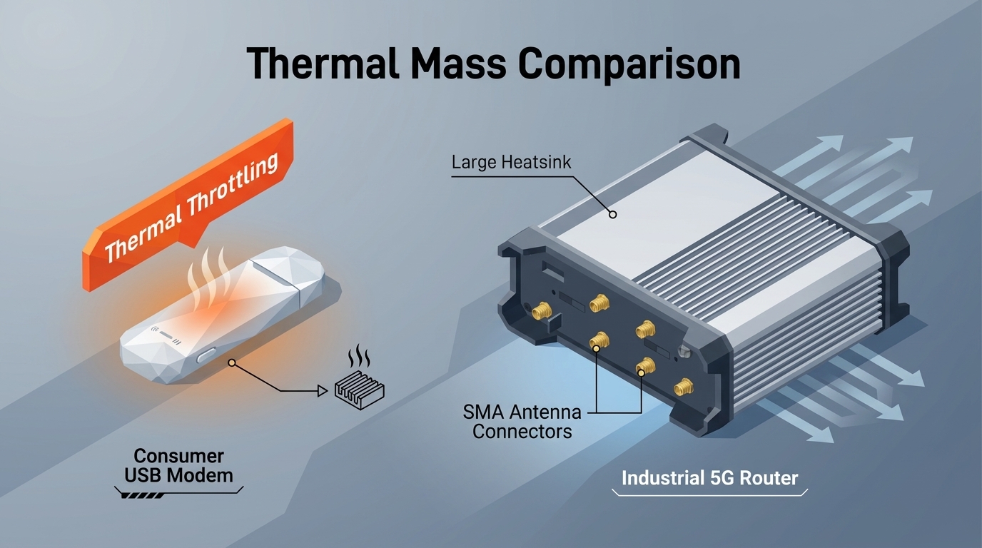 A technical diagram comparing a standard consumer USB modem and an industrial 5G router. The left side shows a small plastic dongle with a 'Thermal Throttling' warning. The right side shows a heavy aluminum chassis with 'Large Heatsink' and 'SMA Antenna Connectors' clearly labeled. Text: 'Thermal Mass Comparison'.