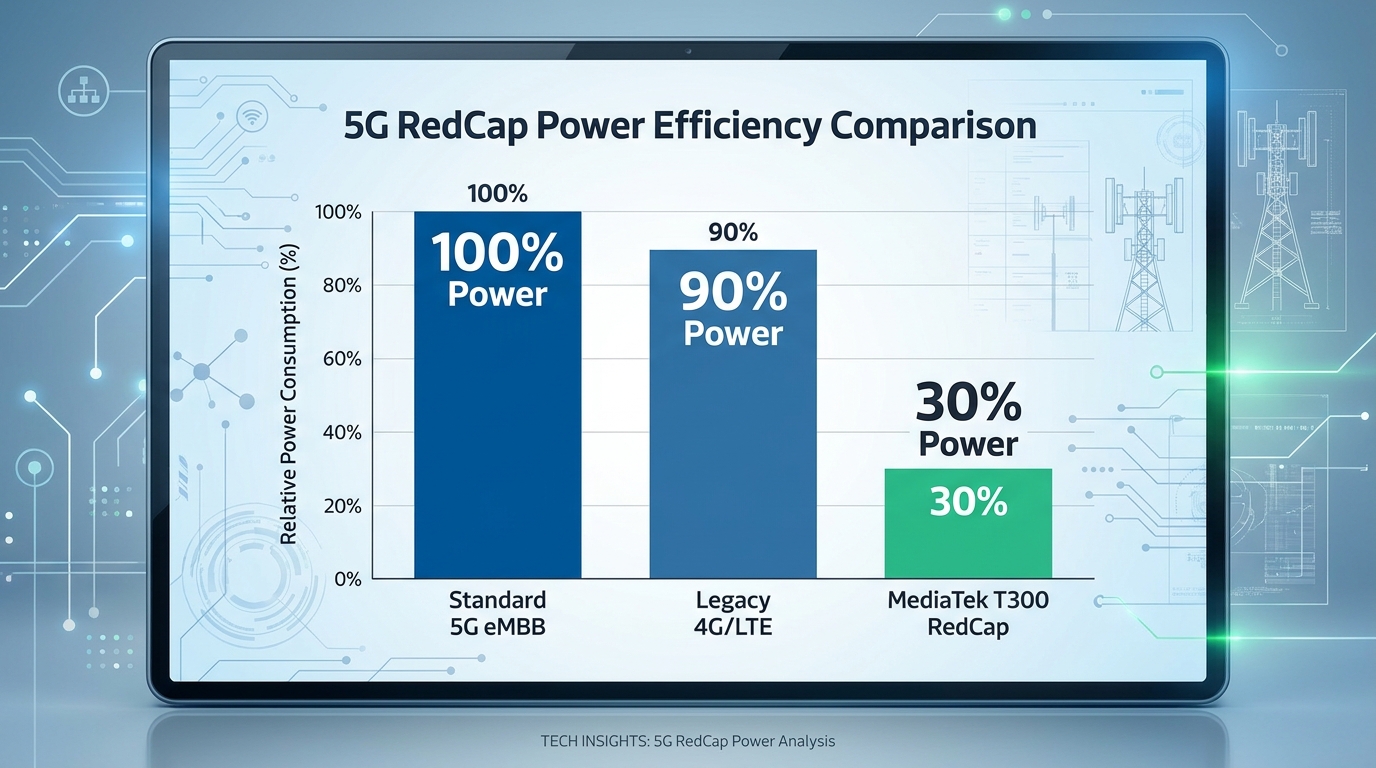 A data chart showing 5G RedCap power efficiency. Bar graph comparing 'Standard 5G eMBB' at 100% power, 'Legacy 4G/LTE' at 90% power, and 'MediaTek T300 RedCap' at 30% power. Labels are crisp and readable. Background is a clean, technical schematic.