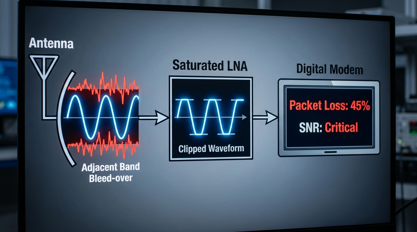A technical block diagram of a 5G signal chain. On the left, an antenna receives a clean sine wave mixed with jagged red noise spikes labeled 'Adjacent Band Bleed-over'. In the center, a box labeled 'Saturated LNA' shows a 'Clipped Waveform' output where the peaks of the sine wave are flattened. On the right, a digital modem screen displays 'Packet Loss: 45%' and 'SNR: Critical'. High-contrast engineering style.