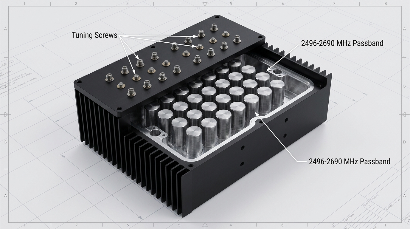 A 3D isometric cutaway illustration of a CNC-machined cavity filter. The internal layout features a '4x7 grid' of metallic cylinders acting as resonators. Labels with white leader lines indicate 'Tuning Screws' on the top panel and '2496-2690 MHz Passband' on the internal cavity walls. The chassis is black-anodized aluminum with visible thermal fins. Professional engineering CAD aesthetic.