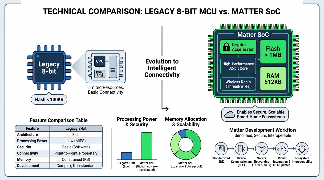 An high-resolution technical diagram comparing a legacy 8-bit MCU and a modern 32-bit SoC for Matter. The 8-bit chip is small, labeled 'Legacy 8-bit' with text 'Flash < 100KB'. The 32-bit chip is larger, labeled 'Matter SoC' with visible components like 'Crypto-Accelerator' and text 'Flash > 1MB', 'RAM 512KB'. Use a white background, professional electronics datasheet aesthetic, and sharp text rendering.