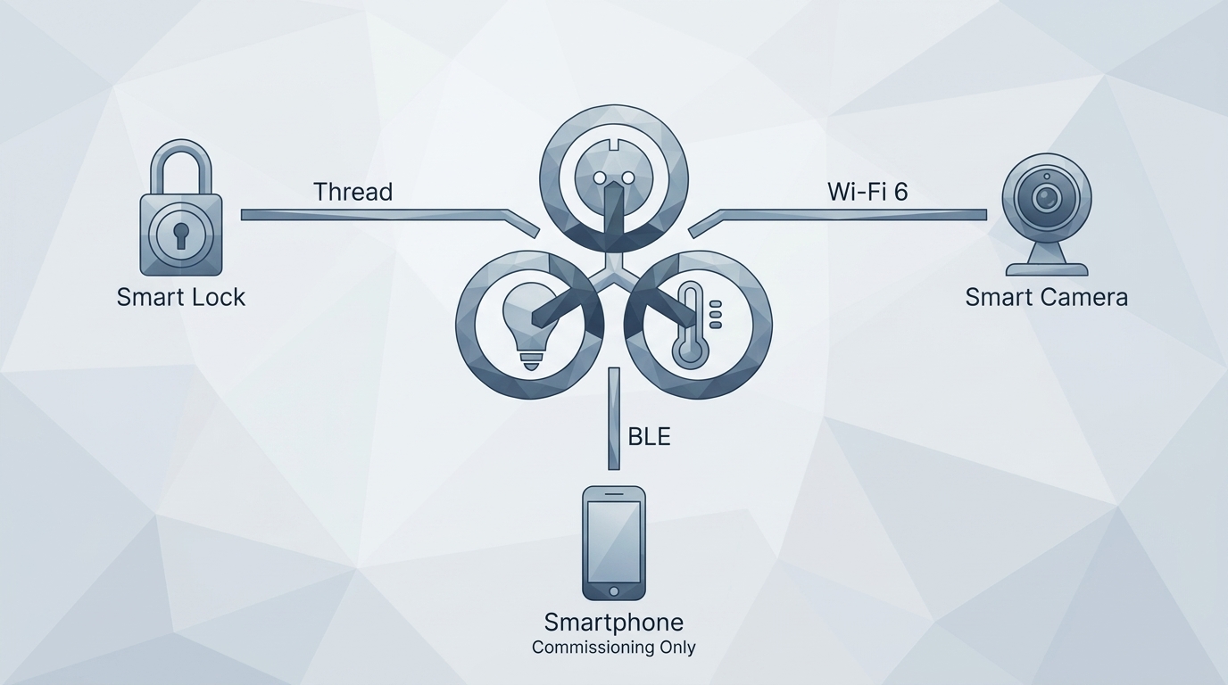 A clean architectural map of a Matter network. Centrally located is a 'Matter Fabric' icon. Branching off are three icons: a 'Smart Lock' connected via 'Thread', a 'Smart Camera' connected via 'Wi-Fi 6', and a 'Smartphone' connected via 'BLE' with a subtitle 'Commissioning Only'. Render in a modern vector style with blue and gray tones.