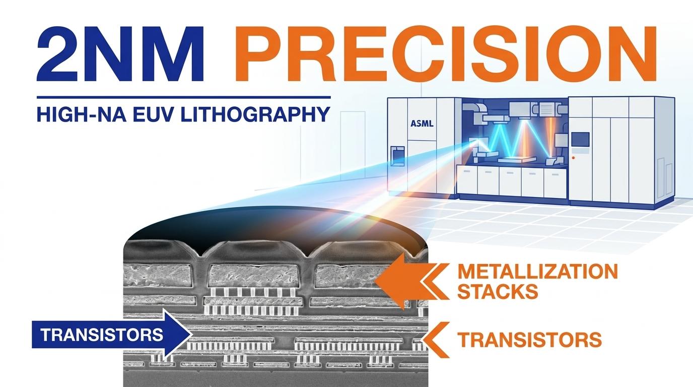 A photorealistic cross-section of a 2nm semiconductor wafer under a microscope. Annotations point to 'TRANSISTORS' and 'METALLIZATION STACKS'. In the background, an ASML High-NA EUV lithography machine with a glowing light beam is visible. Text '2NM PRECISION' is clearly rendered.