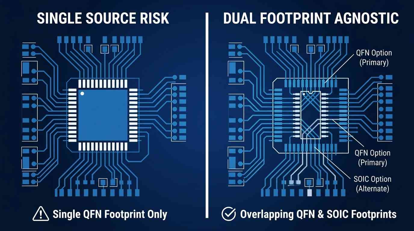 A split-screen technical diagram showing a PCB layout. On the left, a single-source design with a single QFN footprint. On the right, a multi-source 'Resilience-by-Design' layout with overlapping footprints for both QFN and SOIC packages. Text labels 'Single Source Risk' vs 'Dual Footprint Agnostic' rendered in clean vector font. Use technical blue and white schematic style.