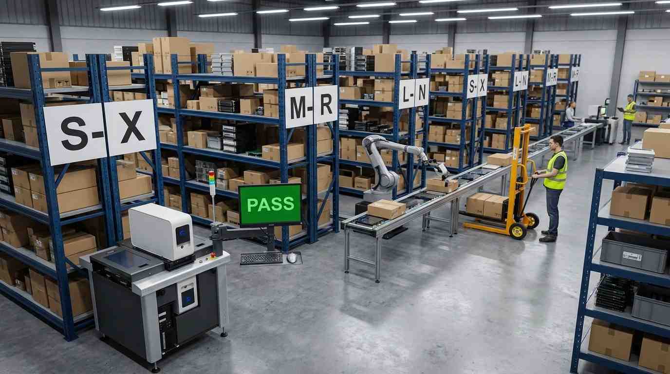 A high-tech electronics warehouse isometric view. Focus on high-density blue shelving units with large white alpha-numeric labels like 'S-X' and 'M-R'. A robotic arm and a manual forklift are operating in the background. In the foreground, an Automated Optical Inspection (AOI) station shows a green 'PASS' text on a monitor screen. Realistic lighting, 8k resolution.
