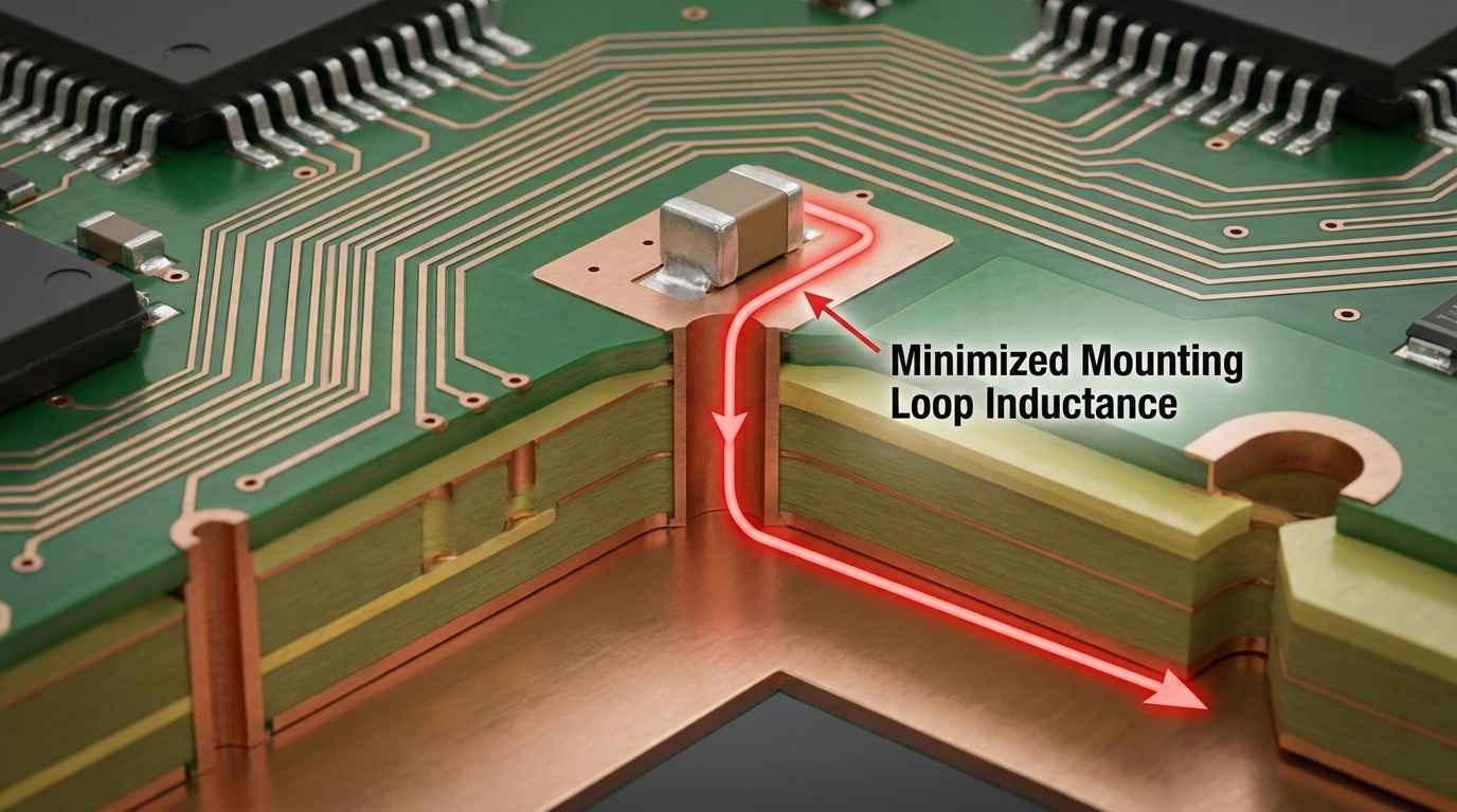 3D isometric cross-section of a high-density PCB (HDI). A small 0402 ceramic capacitor is mounted using 'Via-in-Pad' technology. Red lines illustrate the 'Minimized Mounting Loop Inductance' path directly through the pad to the internal power plane. The layout is compact with clear traces and green solder mask. Hyper-realistic macro photography style.