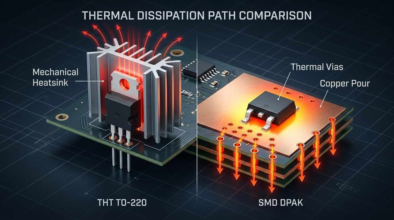 A detailed technical comparison layout showing the thermal dissipation path of a THT TO-220 component versus an SMD DPAK component. The THT side shows a 'Mechanical Heatsink', while the SMD side highlights 'Thermal Vias' and 'Copper Pour' on a PCB. High contrast diagram for engineering clarity.