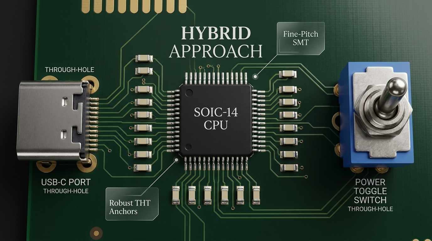 A top-down view of a PCB layout illustrating the 'Hybrid Approach'. Central processing unit in a fine-pitch 'SOIC-14' package is surrounded by 0805 resistors, while the 'USB-C Port' and 'Power Toggle Switch' are robust 'Through-Hole' components anchored into the board.
