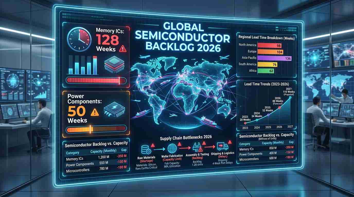 A high-tech digital infographic dashboard showing global supply chain lead times for 2026. Central text 'GLOBAL SEMICONDUCTOR BACKLOG 2026'. Data points: 'Memory ICs: 128 Weeks', 'Power Components: 50 Weeks'. 3D map of global shipping routes glowing in neon blue. Photorealistic, 8k resolution.