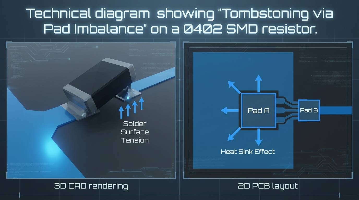 Technical diagram showing 'Tombstoning via Pad Imbalance' on a 0402 SMD resistor. Left panel: 3D CAD rendering of the component lifted at a 45-degree angle. Right panel: 2D PCB layout showing 'Pad A' connected to a massive ground plane and 'Pad B' with thermal relief. Labels indicate 'Solder Surface Tension' and 'Heat Sink Effect'.