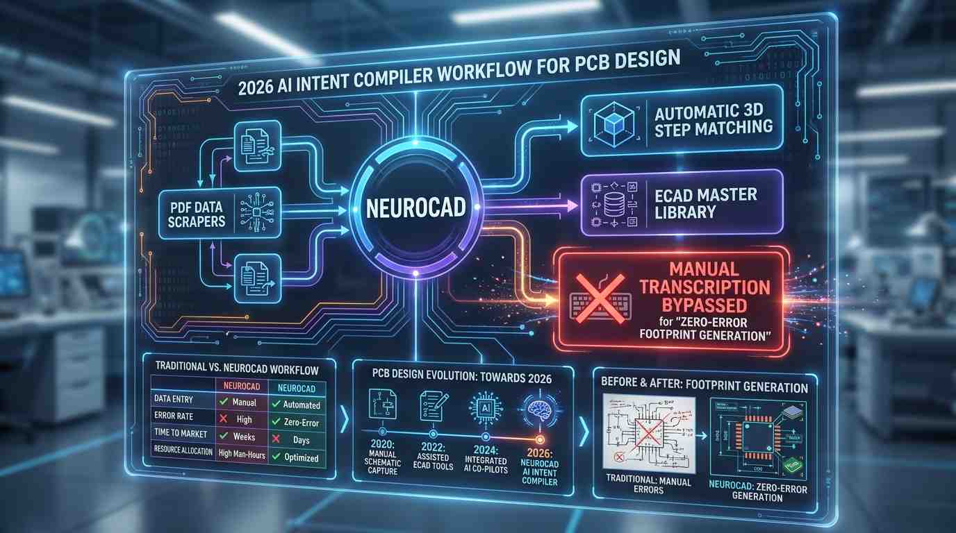 A high-tech process map of an 'AI Intent Compiler' workflow for 2026 PCB design. A central node labeled 'Neurocad' receives inputs from 'PDF Data Scrapers'. The flow continues to 'Automatic 3D STEP Matching' and 'ECAD Master Library'. A red box indicates 'Manual Transcription Bypassed' for 'Zero-Error Footprint Generation'.