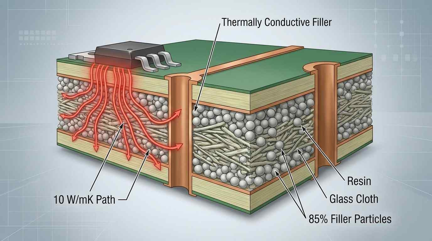 A high-resolution 3D cross-section of a multi-layer PCB laminate. In the center, clearly visible 'Glass Cloth' and 'Resin' layers are packed with '85% Filler Particles' rendered as small spheres. On the left, a spatial layout shows heat lines moving from a surface component down through the filler. Text labels: 'Thermally Conductive Filler' and '10 W/mK Path'. Technical industrial style.