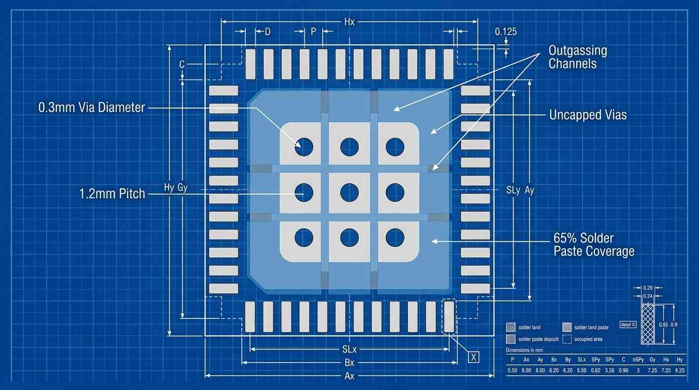 A technical layout diagram of a QFN package footprint. Centered on the thermal pad is a 3x3 grid of 'Uncapped Vias'. Overlaid on this is a blue 'Segmented Stencil' pattern resembling a windowpane. Text annotations: '0.3mm Via Diameter', '1.2mm Pitch', and '65% Solder Paste Coverage'. Arrows indicate 'Outgassing Channels' to prevent wicking. Blueprint style.
