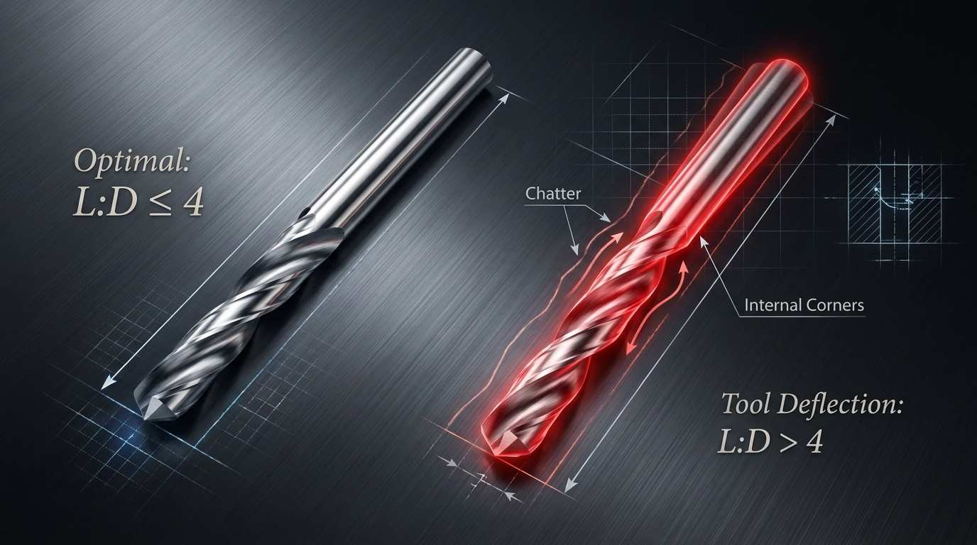 Technical diagram showing a CNC drill bit with 4:1 depth-to-diameter ratio. On the left, a stable tool path labeled 'Optimal: L:D &le; 4'. On the right, a vibrating, red-highlighted tool labeled 'Tool Deflection: L:D > 4'. Annotations point to 'Chatter' and 'Internal Corners'.