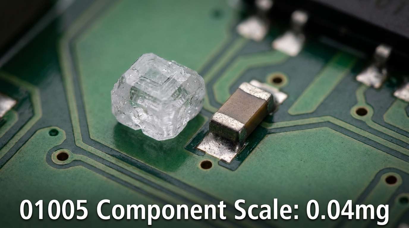 Close-up macro comparison view of a grain of salt next to an 01005 surface-mount capacitor (0.4mm x 0.2mm) on a PCB substrate. Text overlay at the bottom reads '01005 Component Scale: 0.04mg'. High contrast, realistic engineering photography.