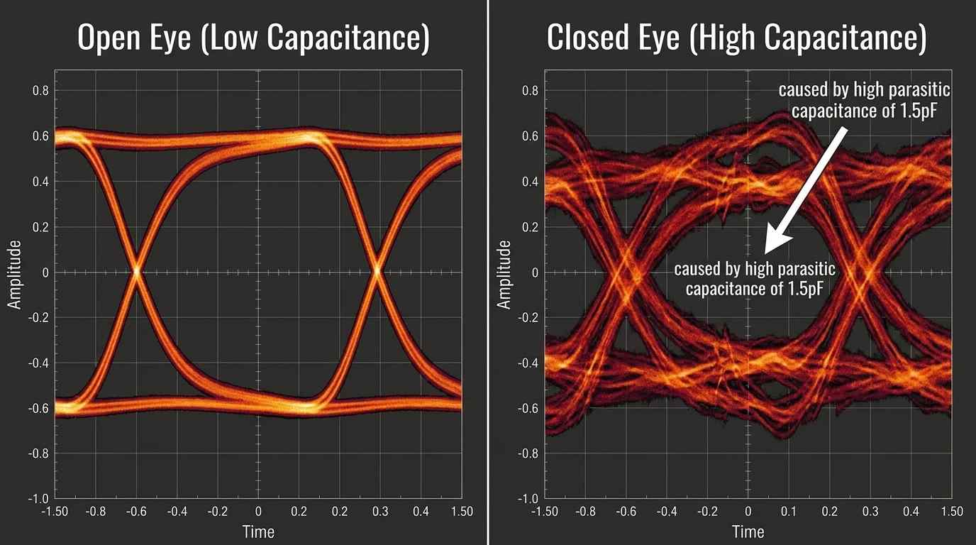 Technical engineering chart showing a Signal Integrity eye diagram for a high-speed data bus. Left image shows a wide open eye with sharp edges. Right image shows a closed, jittery eye caused by high parasitic capacitance of 1.5pF. Annotations in white technical font: 'Open Eye (Low Capacitance)' and 'Closed Eye (High Capacitance)'.