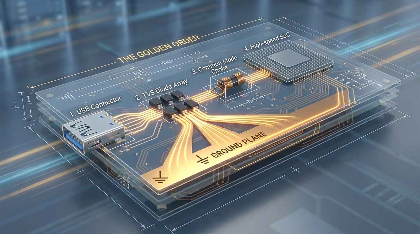 3D PCB layout visualization showing the 'Golden Order' of protection. Labels: '1. USB Connector', '2. TVS Diode Array', '3. Common Mode Choke', '4. High-speed SoC'. Highlighting the direct path from the diode to the ground plane with wide copper pours. Technical schematic overlay style.