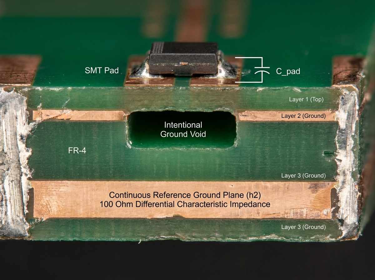 Cross-sectional PCB diagram illustrating reference plane voiding beneath an SMT component pad. Top Layer shows the component pad with excess capacitance C_pad. Layer 2 ground copper features an intentional cutout void labeled 