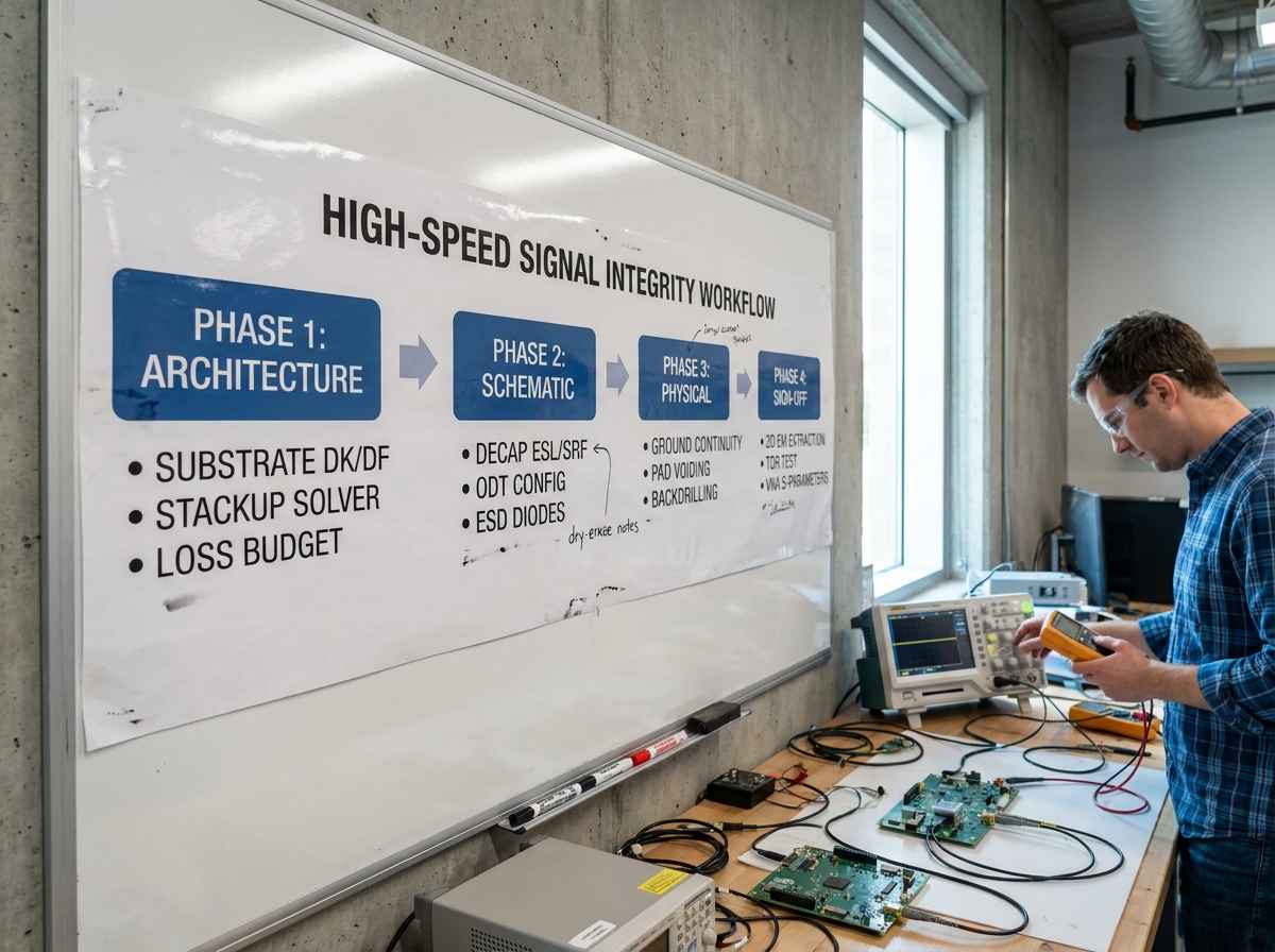 A 4-phase horizontal workflow diagram for high-speed signal integrity engineering. Block 1 labeled 