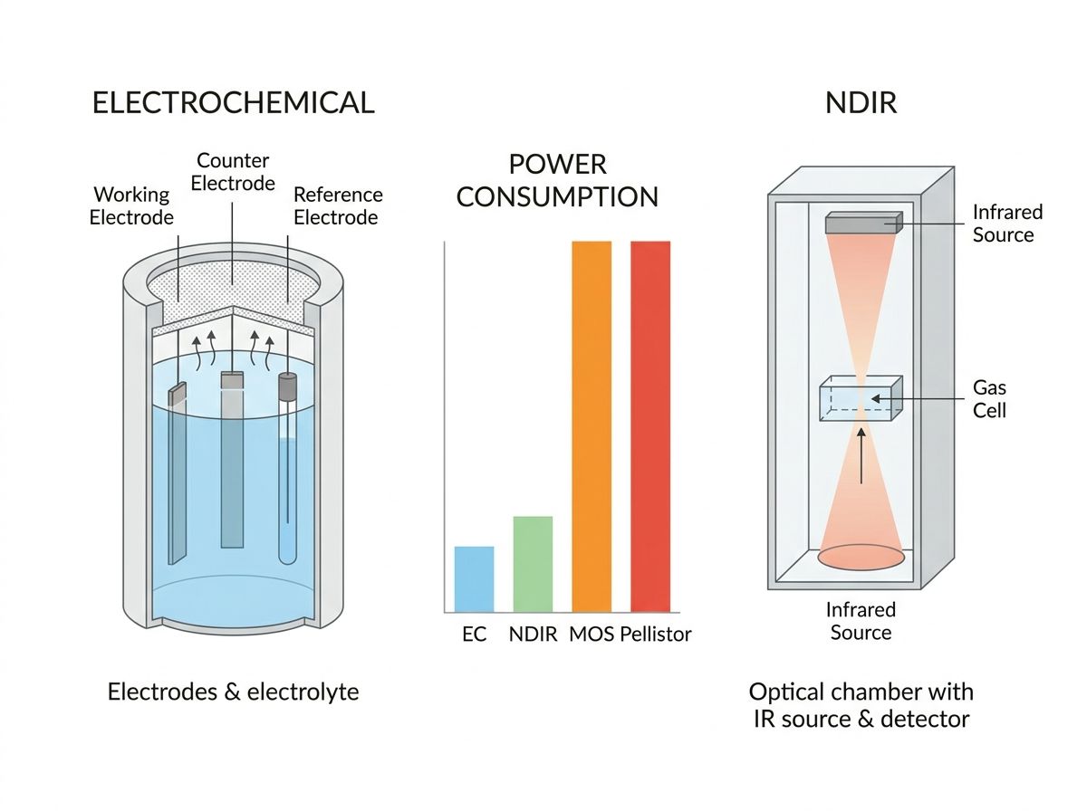 Side-by-side comparison chart of gas sensor technologies. On the left, a cutaway diagram of an electrochemical cell showing electrodes and electrolyte. On the right, a diagram of an NDIR optical chamber with an infrared source and detector. Between them, a vertical bar chart labeled 
