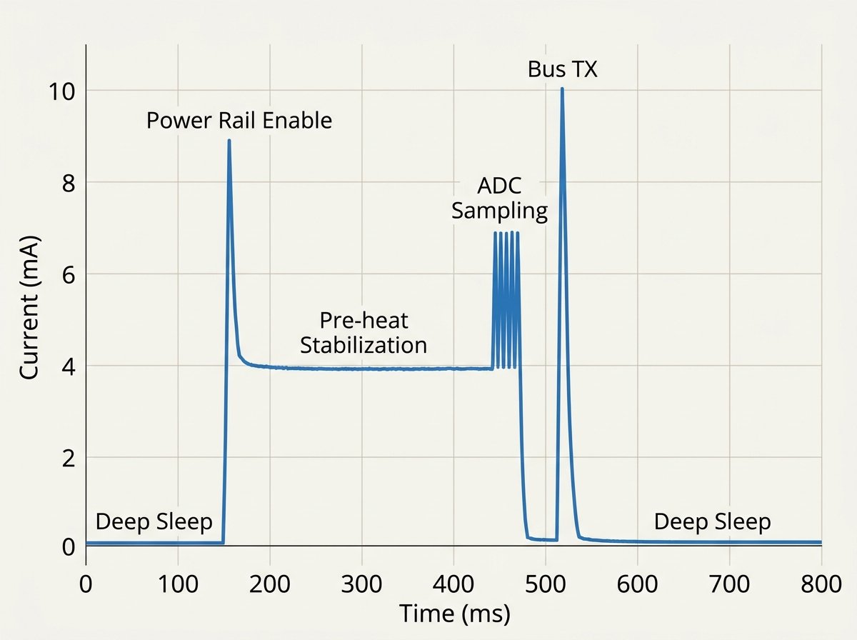 Line graph showing the current draw of a duty-cycled gas sensor over time. The graph is labeled 