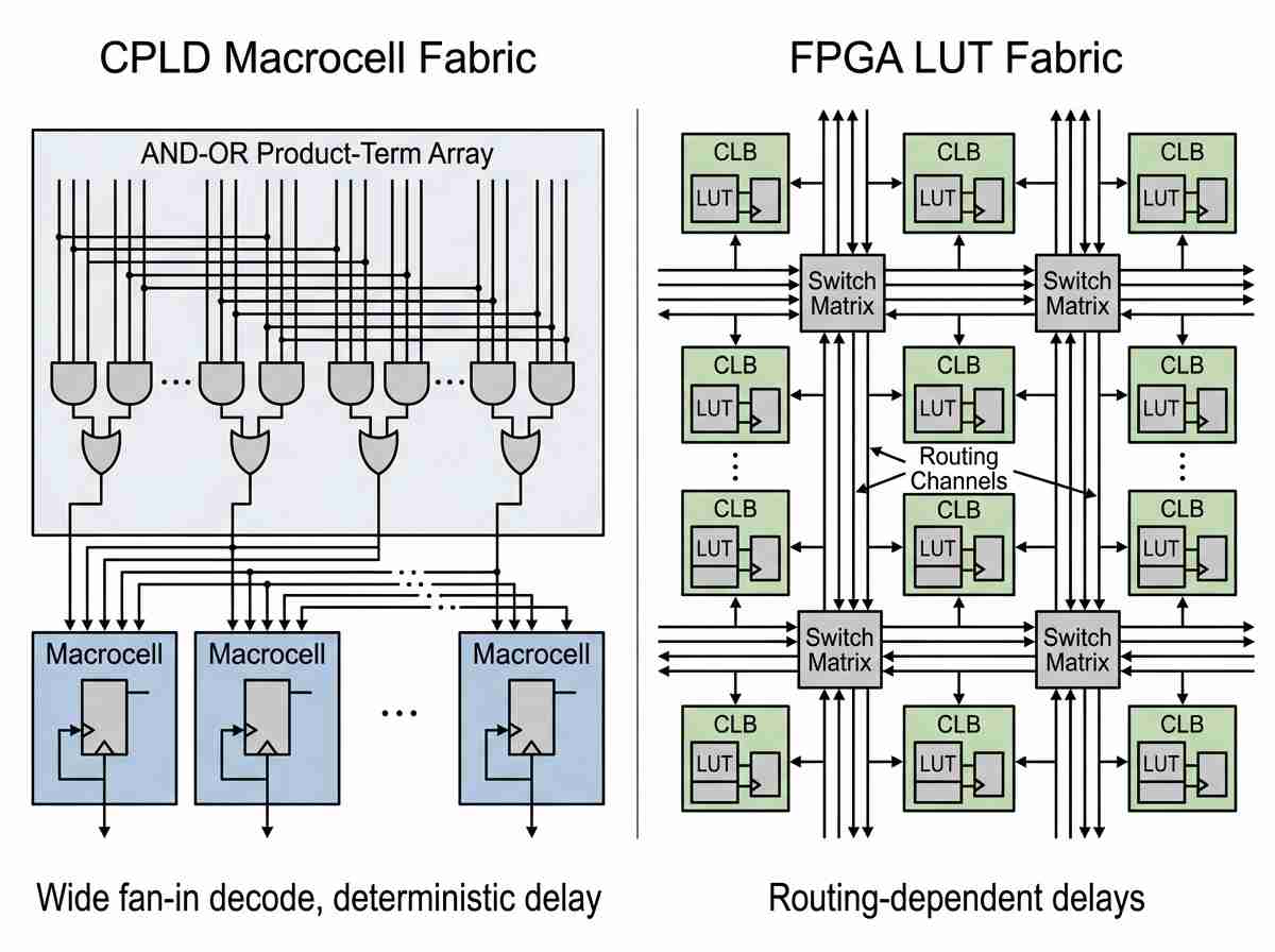 Side-by-side architectural diagram illustrating the internal structure of a CPLD versus an FPGA. The left side shows a coarse macrocell based AND-OR product-term array labeled 