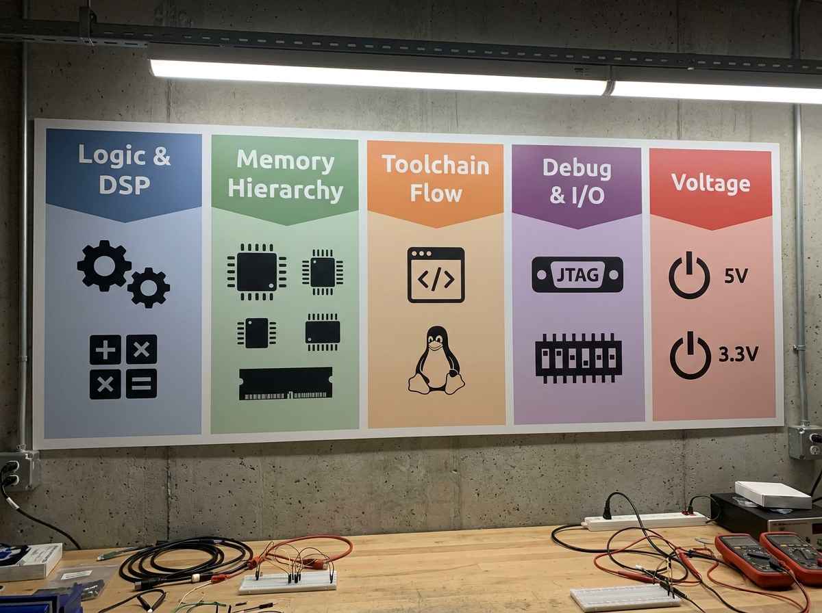 Five FPGA selection pillars covering logic, memory, tools, debug and voltage