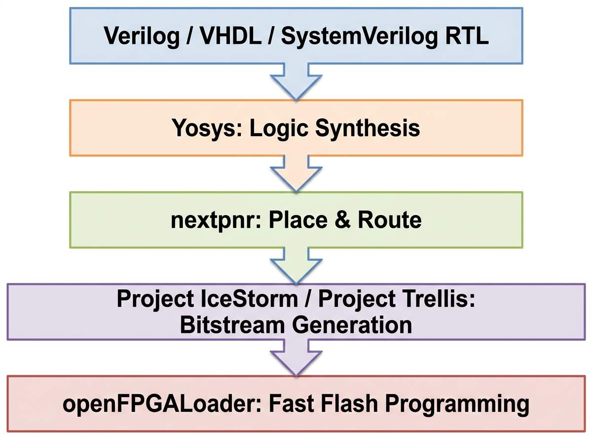 Conceptual open-source FPGA build flow from RTL through Yosys, nextpnr and device tools
